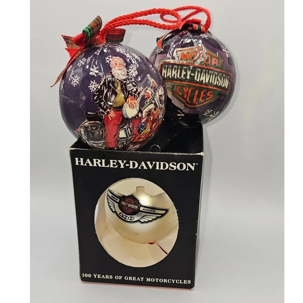 Harley Davidson Christmas Ornaments Set 3pc 100th Anniversary Santa Biker Logo